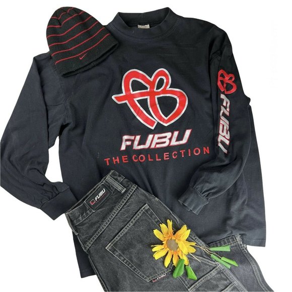 VTG FUBU FB Logo long Sleeve Spell Out Bigger T Shirt Crew neck 2XL Black Red - Picture 1 of 8